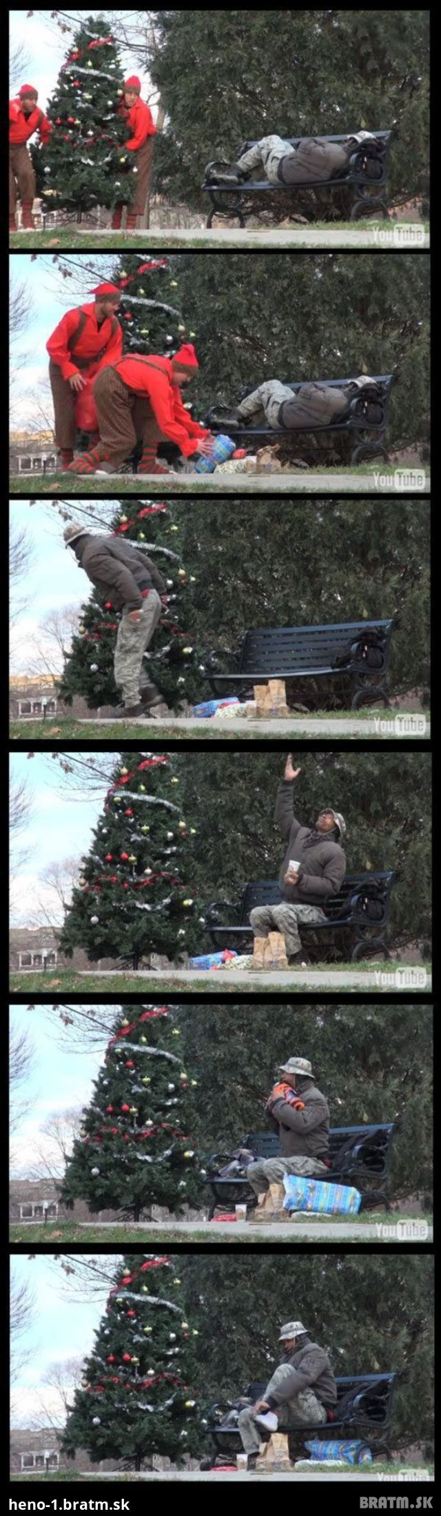 Bezdomovec a jeho neopísateľná radosť, keď dostal na Vianoce darčeky :)