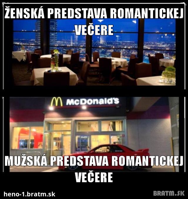 Ako si predstavujú muži a ženy romantickú večeru :D