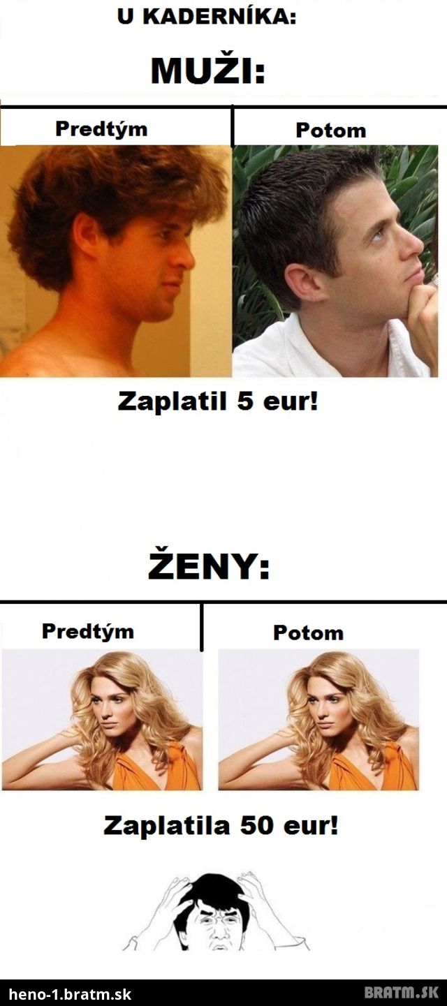 Koľko zaplatia za kaderníka ženy a koľko muži :D Čo myslíte, je to naozaj tak? :D